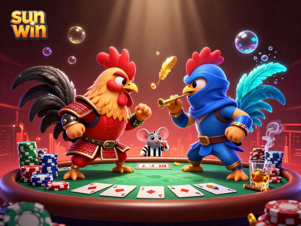 Experience the excitement of sun win as roosters clash amidst a vibrant casino scene.