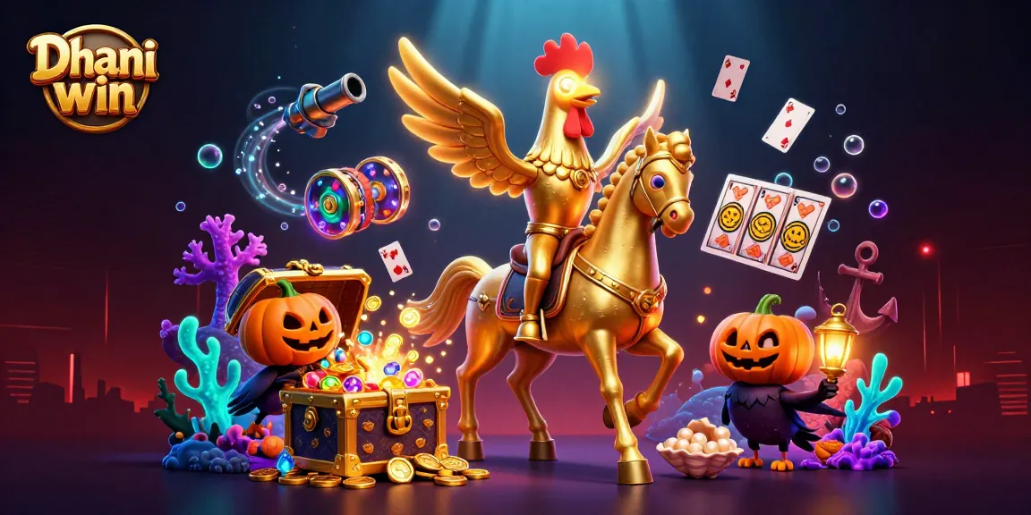 Dive into the thrill of Dhani win with golden rooster and exciting casino elements in a vibrant scene.