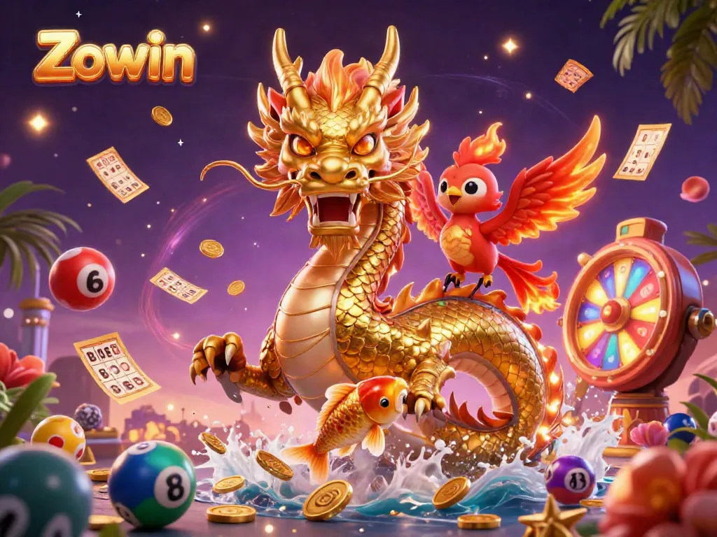 Experience exciting games in Zowin's vibrant casino scenes with dragons and lucky koi fish.