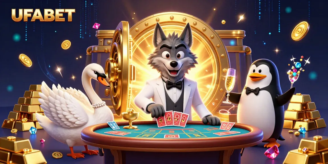 Experience thrilling action at UFABET with a stylish wolf, swan dealer, and penguin sommelier surrounded by riches.