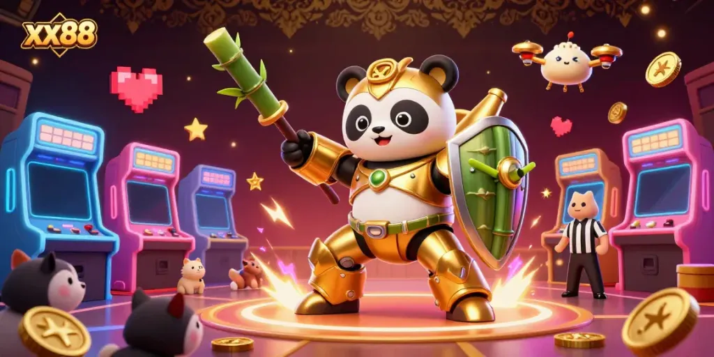 Experience dynamic gaming excitement with xx88 featuring a mech-suit panda and colorful arcade elements.
