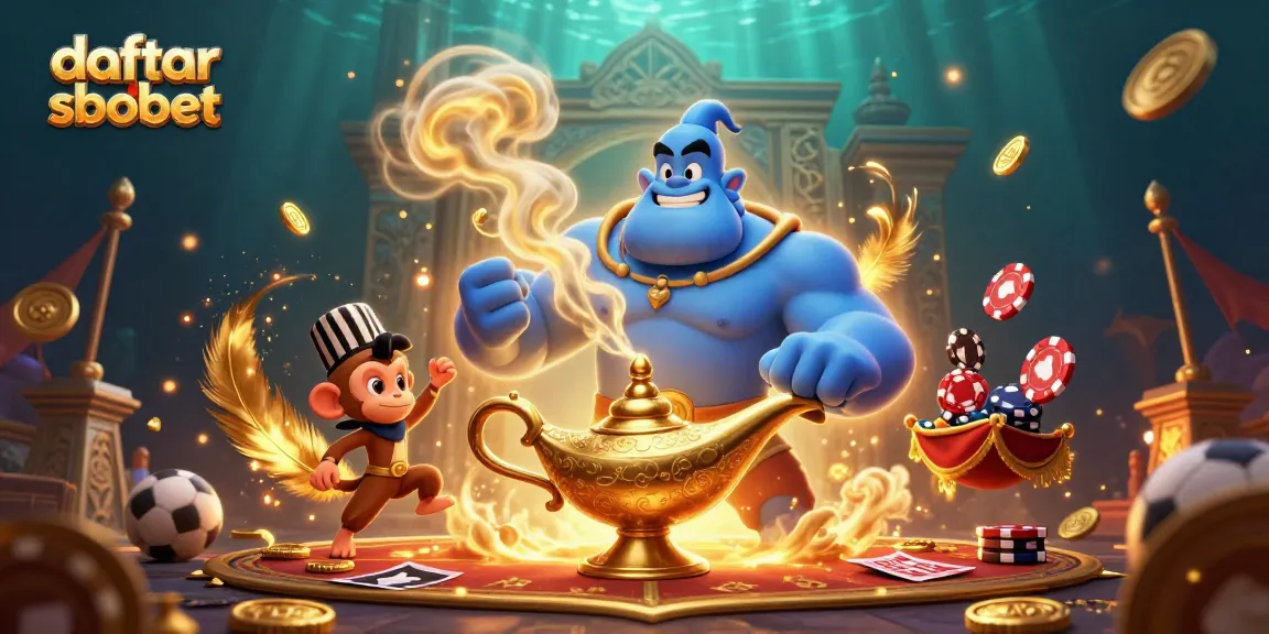 Engage in thrilling daftar sbobet gaming with an energetic magical scene featuring a genie and monkey.