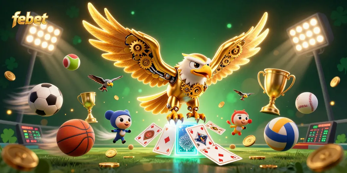 Experience the excitement of febet's casino gaming with a dynamic 3D illustration featuring a golden eagle and sports elements.
