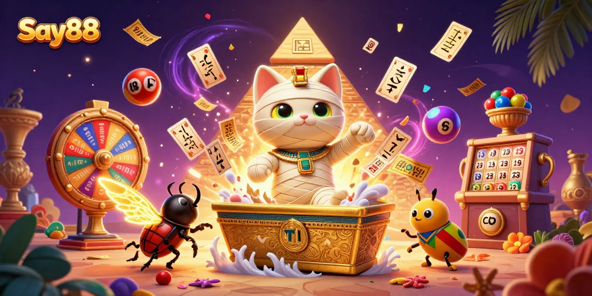 Say88 features a vibrant scene with a mummy cat and golden elements celebrating casino excitement.