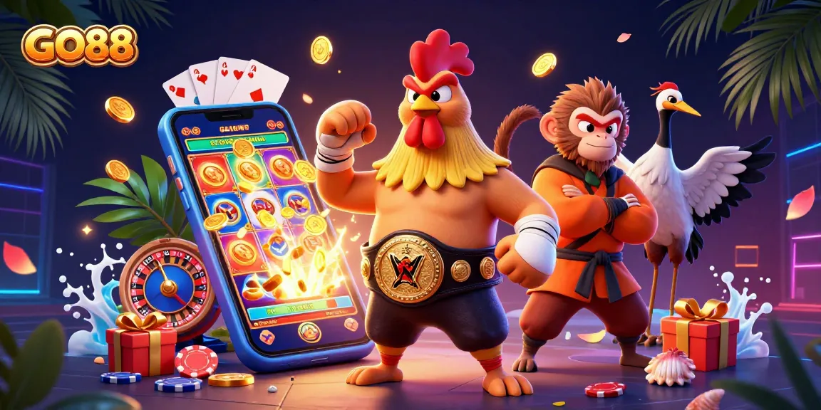 Experience thrilling gaming at GO88 with a vibrant 3D illustration capturing intense casino action.